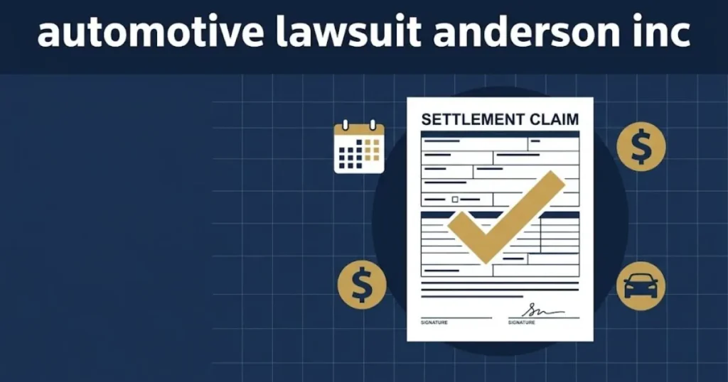 Settlement claim graphic with automotive lawsuit anderson inc header and checkmark icon on navy background