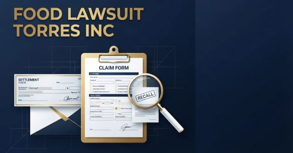 Settlement claim graphic with clipboard and check showing food lawsuit torres inc text on navy background