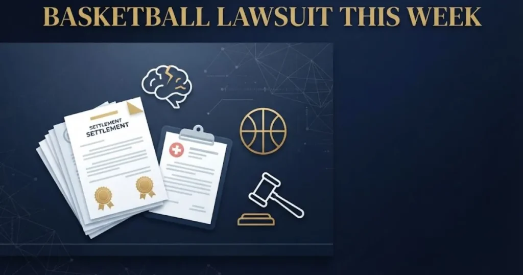 Settlement document graphic with basketball lawsuit this week title and medical icons in navy blue and gold editorial style