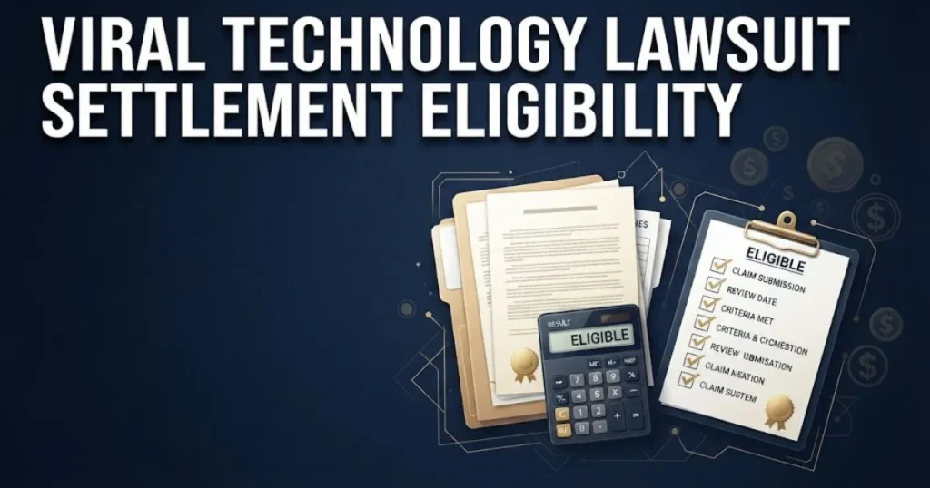 Settlement eligibility graphic for viral technology lawsuit showing legal documents and checklist on navy background with gold accents