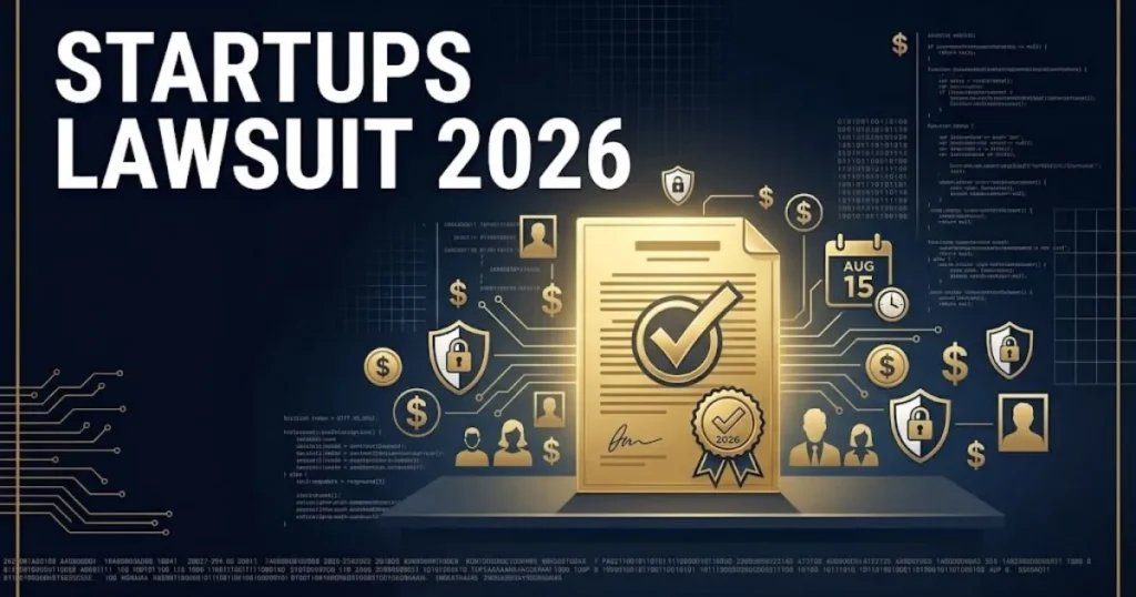 Settlement eligibility graphic with startups lawsuit 2026 title, golden document icon, and deadline markers on navy background