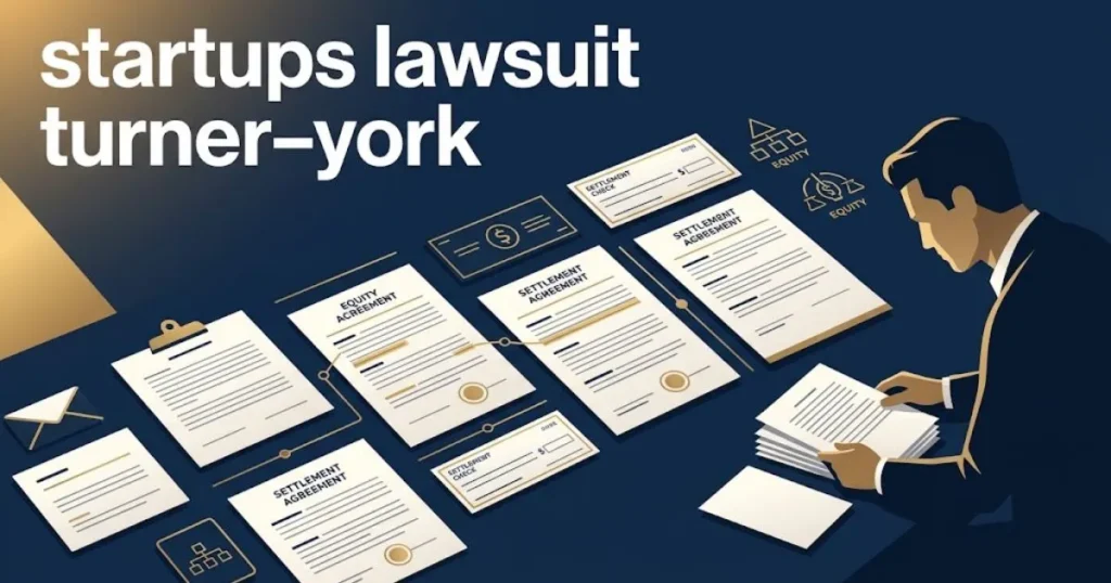 Settlement graphic showing startups lawsuit turner-york text with legal documents and equity contracts on navy background