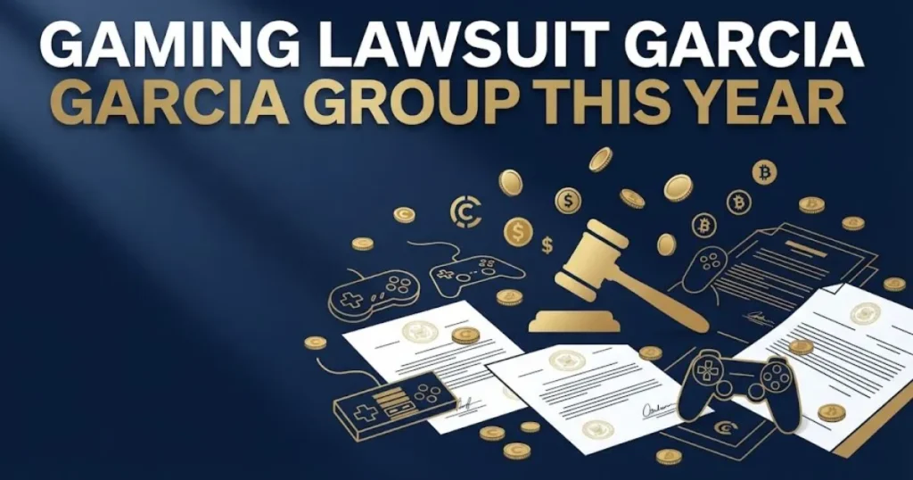 Settlement themed graphic with gaming lawsuit garcia group this year text over documents and gavel silhouette