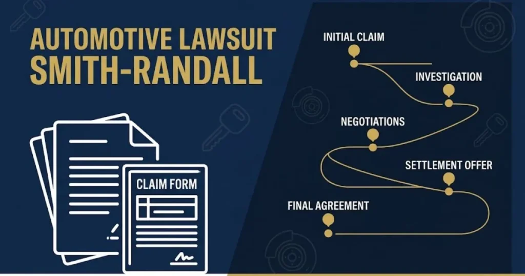 Settlement timeline graphic for automotive lawsuit smith-randall with legal documents and claim form icons on navy background
