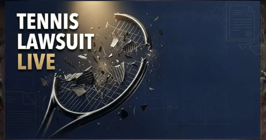 Shattered tennis racket with bold text reading tennis lawsuit live on dark navy background with gold accents