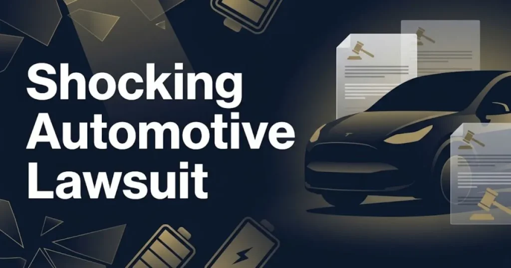 Shocking automotive lawsuit hero banner with electric vehicle silhouette and legal symbols on navy background