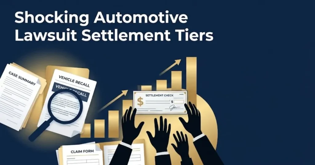 Shocking automotive lawsuit settlement tiers graphic with legal documents and recall notice on navy background
