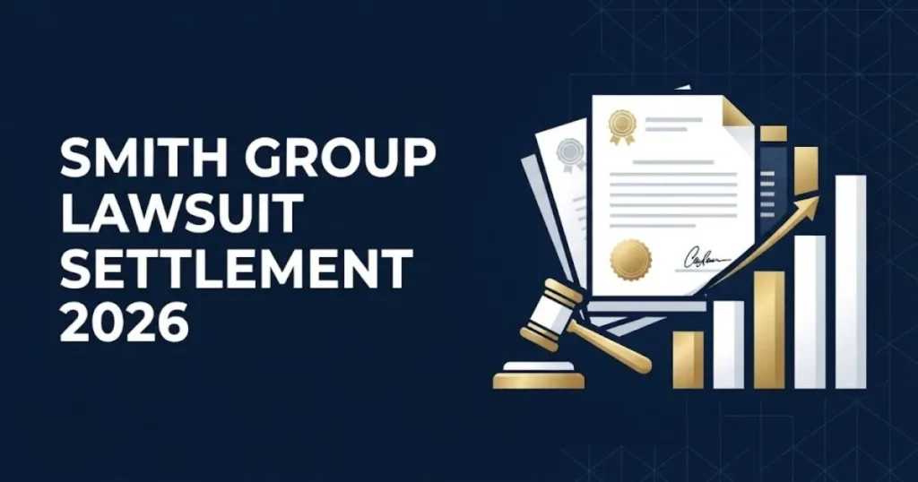 Smith Group lawsuit settlement 2026 supporting graphic with legal documents and payout chart on navy background