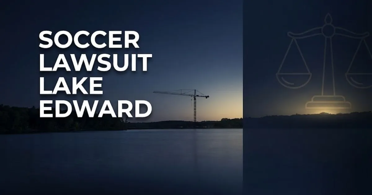 Soccer lawsuit Lake Edward hero banner showing a Minnesota lake at twilight with construction silhouette and legal scales overlay.