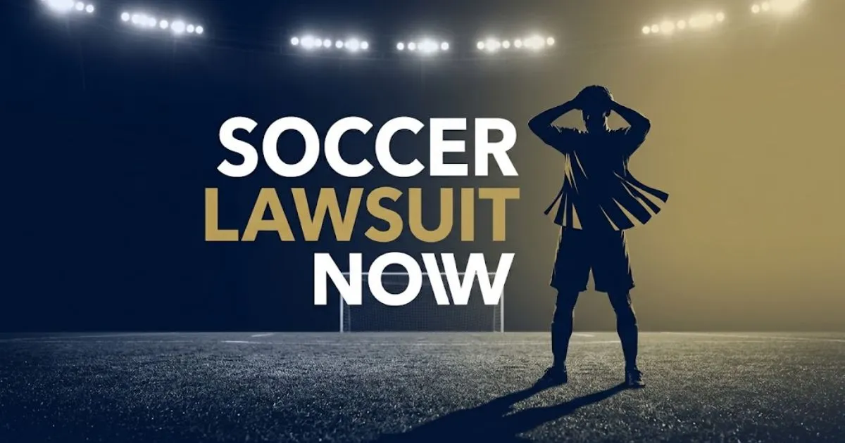 Soccer lawsuit now hero banner showing a silhouetted player on a dark field with bold headline text