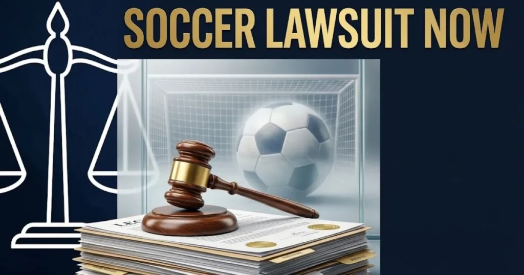Soccer lawsuit now supporting graphic showing a gavel and legal documents with a faded soccer ball background