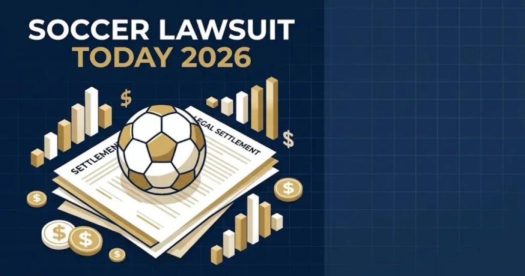 Soccer lawsuit today 2026 settlement graphic with legal documents and soccer ball illustration