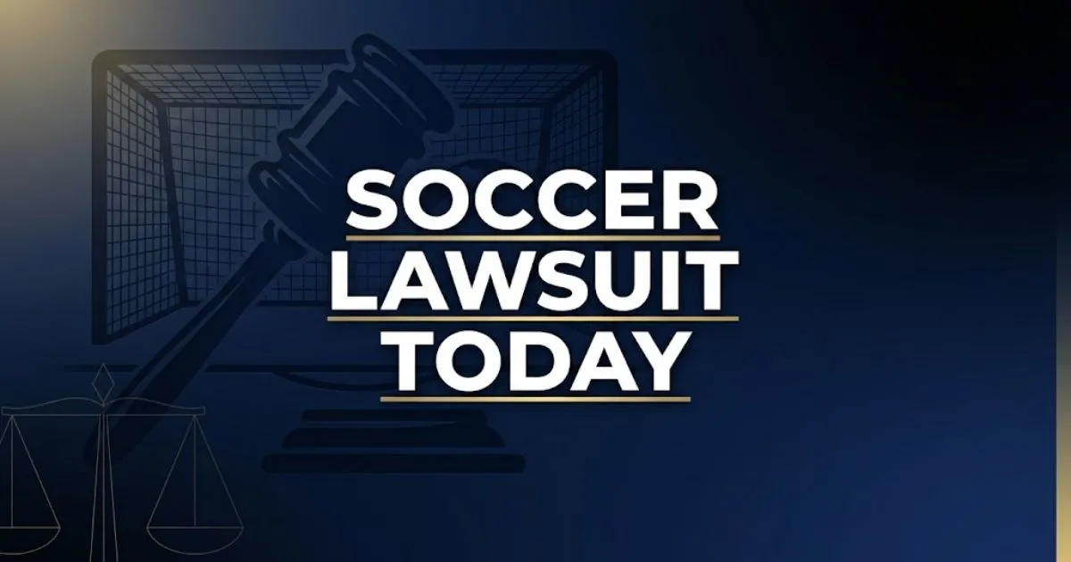Soccer lawsuit today hero banner with legal gavel and goalpost silhouettes on navy background