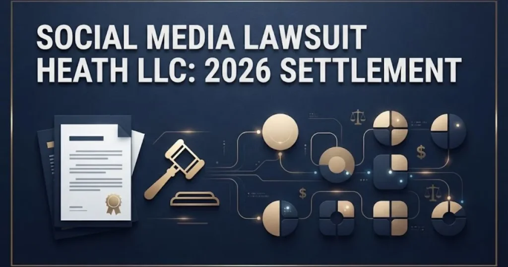 Social media lawsuit Heath LLC 2026 settlement graphic with legal documents and abstract app icons on navy desk