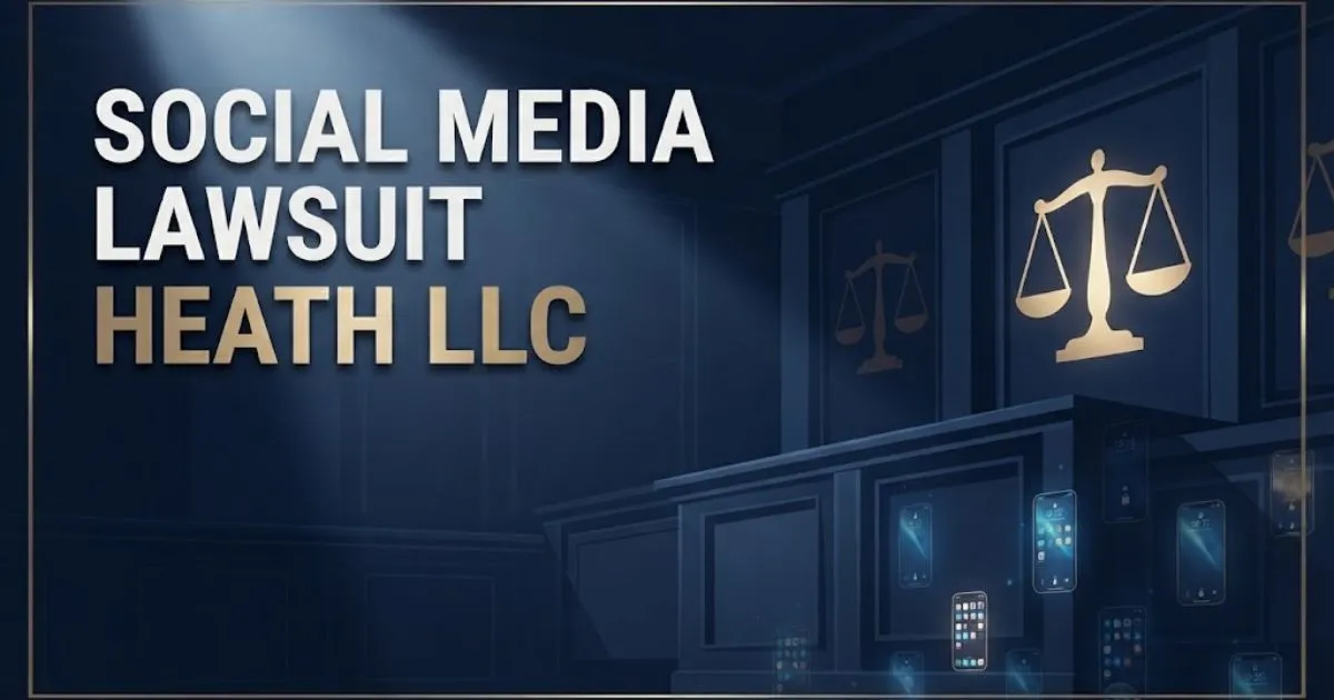 Social media lawsuit Heath LLC banner with golden scales of justice and smartphone icons on navy background