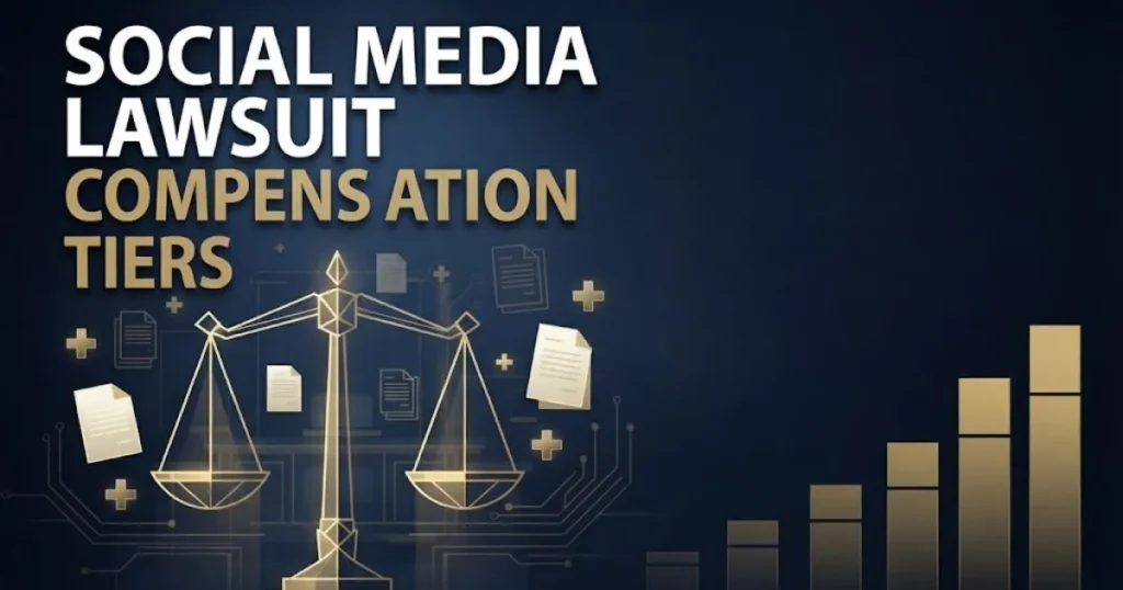 Social media lawsuit Ingram LLC compensation tiers graphic with abstract scales of justice