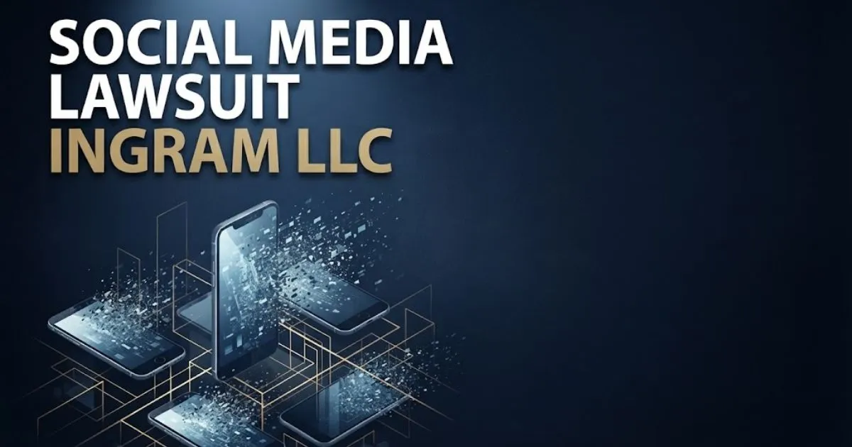 Social media lawsuit Ingram LLC hero banner with abstract smartphone graphics on navy background