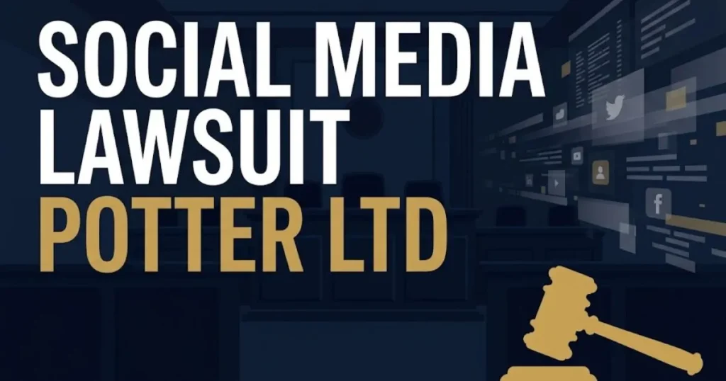 Social media lawsuit Potter Ltd hero banner with courtroom and digital data imagery in navy and gold