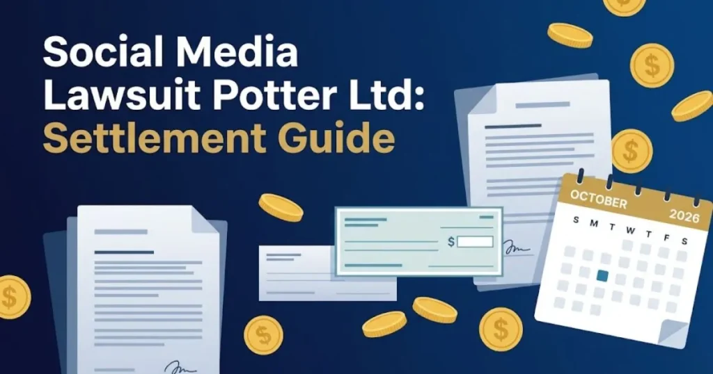 Social media lawsuit Potter Ltd settlement guide graphic with legal documents and compensation icons