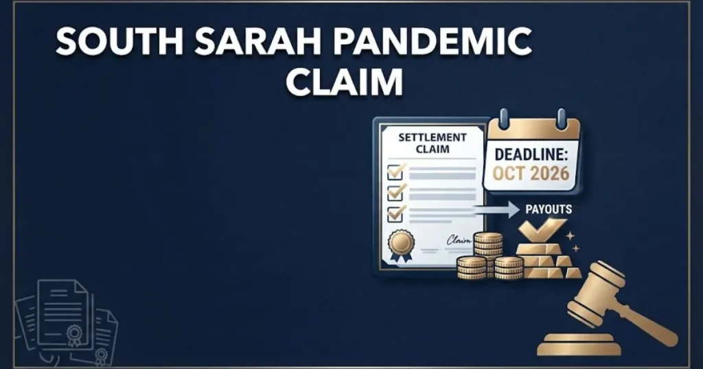 South Sarah pandemic claim infographic showing settlement form, deadline calendar, and payout icons in navy and gold