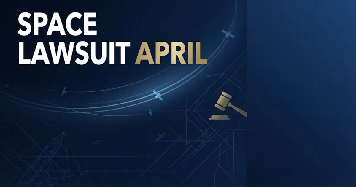 Space Lawsuit April hero banner with navy sky, orbital arc, satellite silhouettes, and gold gavel icon