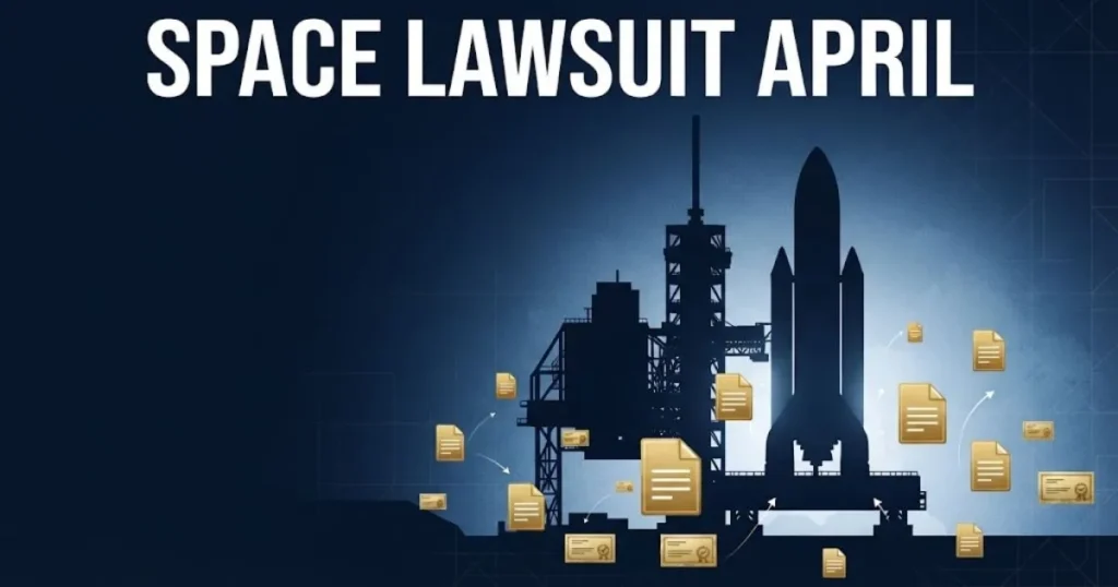 Space Lawsuit April supporting graphic with rocket launch pad silhouette, document icons, and settlement symbols