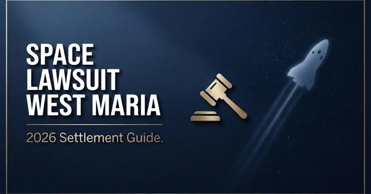 Space lawsuit West Maria hero banner with spacecraft silhouette and legal gavel icon on navy background