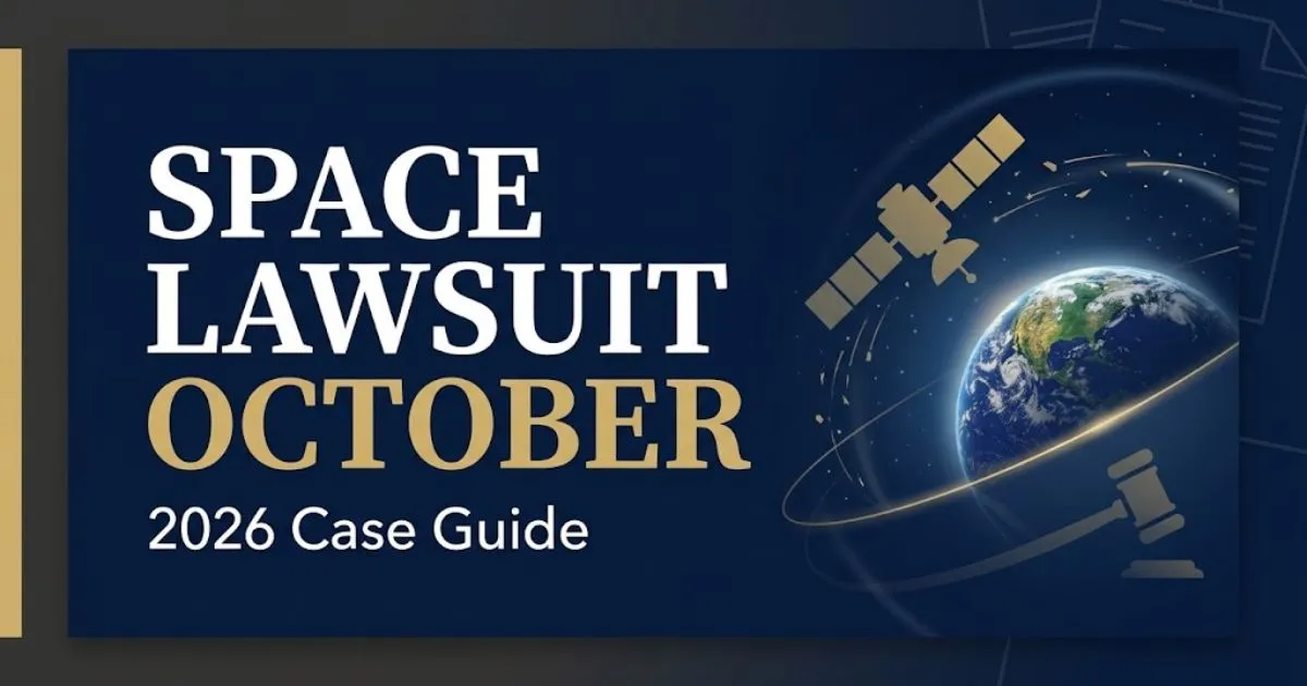 Space lawsuit october 2026 banner with satellite silhouette and gavel on navy background