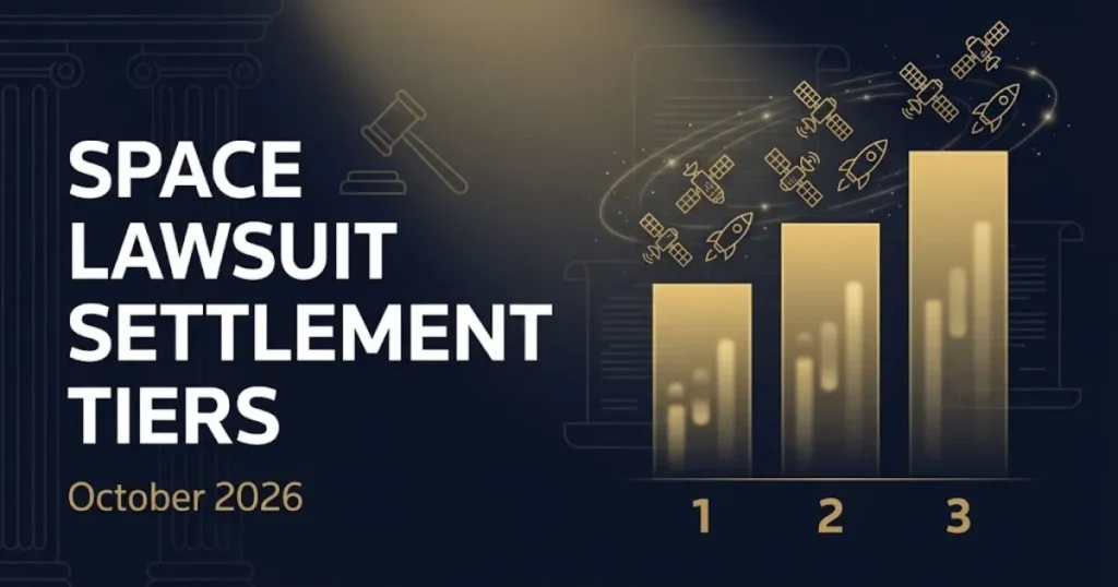 Space lawsuit october settlement tier chart with gold bar graph on navy editorial design