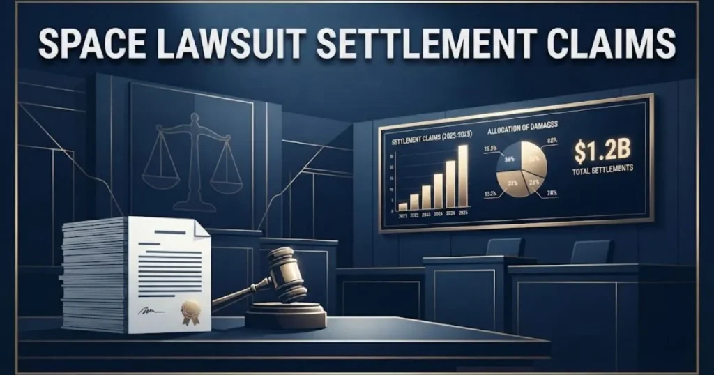 Space lawsuit settlement claims infographic with courtroom theme and payout data visualization