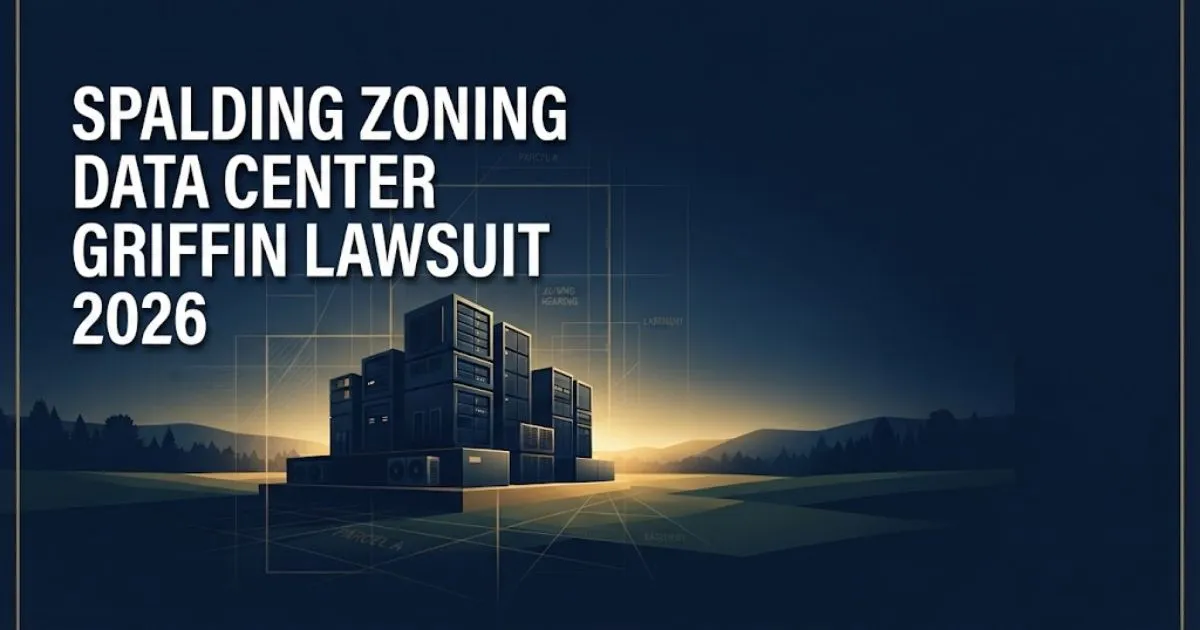 Spalding zoning data center Griffin lawsuit 2026 hero banner with rural Georgia landscape and data center silhouette in navy and gold tones.