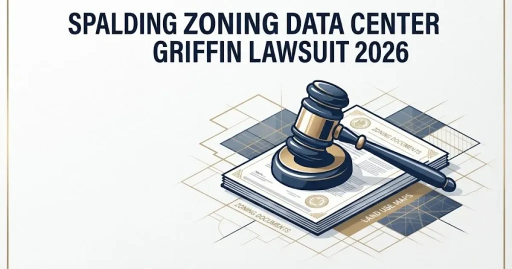 Spalding zoning data center Griffin lawsuit 2026 supporting graphic with courtroom gavel on zoning documents in navy and gold editorial style.