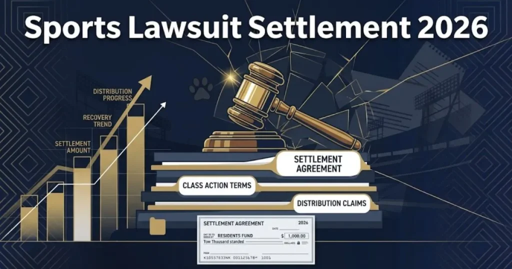 Sports lawsuit settlement 2026 graphic with gavel and legal documents on navy background with gold accents