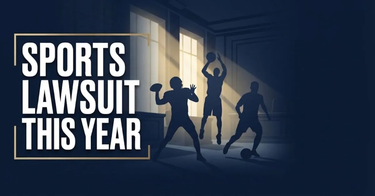 Sports lawsuit this year hero banner with athlete silhouettes and courtroom background in navy and gold