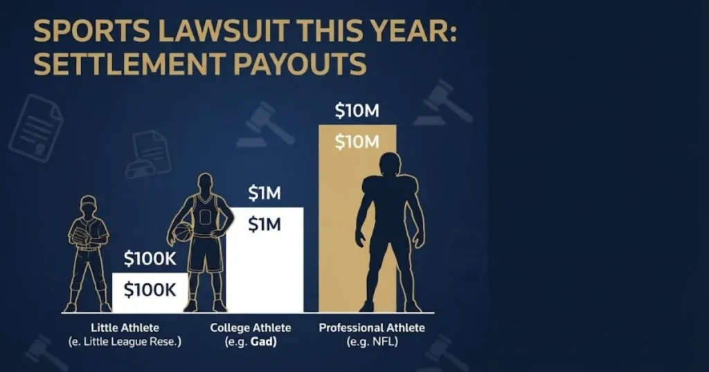 Sports lawsuit this year settlement payouts infographic with athlete silhouettes and tiered bars