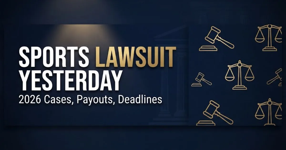 Sports lawsuit yesterday hero banner with 2026 cases, payouts, and deadlines in bold navy and gold text.