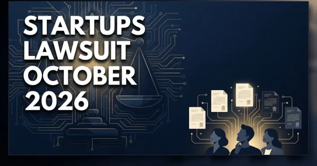 Startups lawsuit October 2026 hero banner with legal scales and tech circuit patterns in navy and gold