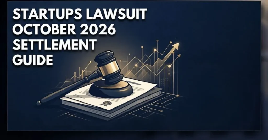 Startups lawsuit October 2026 settlement guide graphic with gavel and claim documents in navy and gold