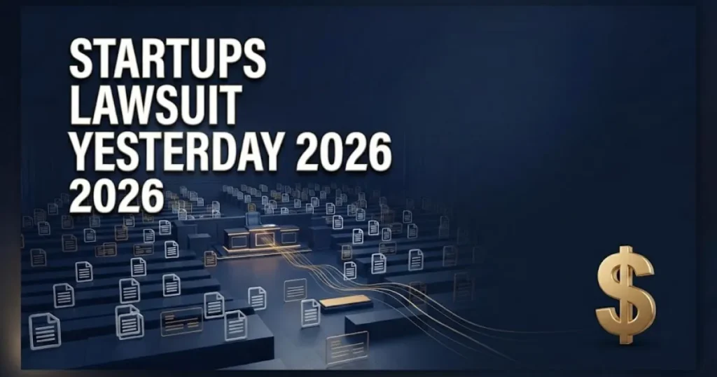 Startups lawsuit yesterday 2026 supporting graphic with courtroom documents and settlement icons