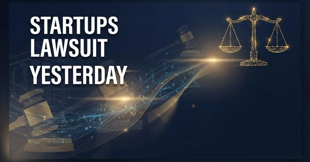 Startups lawsuit yesterday hero banner with legal scales and digital data streams in navy and gold