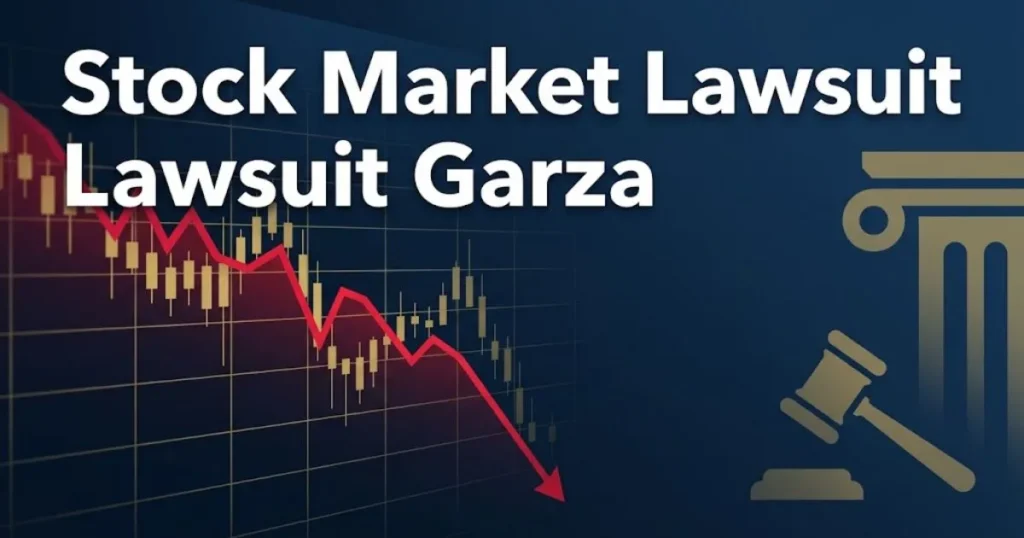 Stock market lawsuit Garza Ltd hero banner with falling stock chart and courthouse silhouette in navy and gold