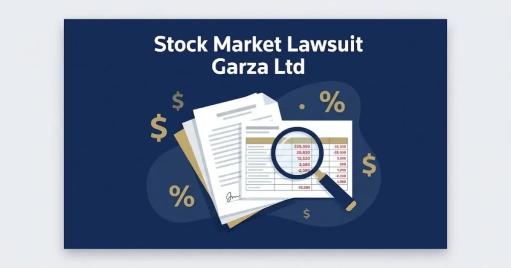 Stock market lawsuit Garza Ltd supporting graphic with legal documents and financial analysis in navy and gold