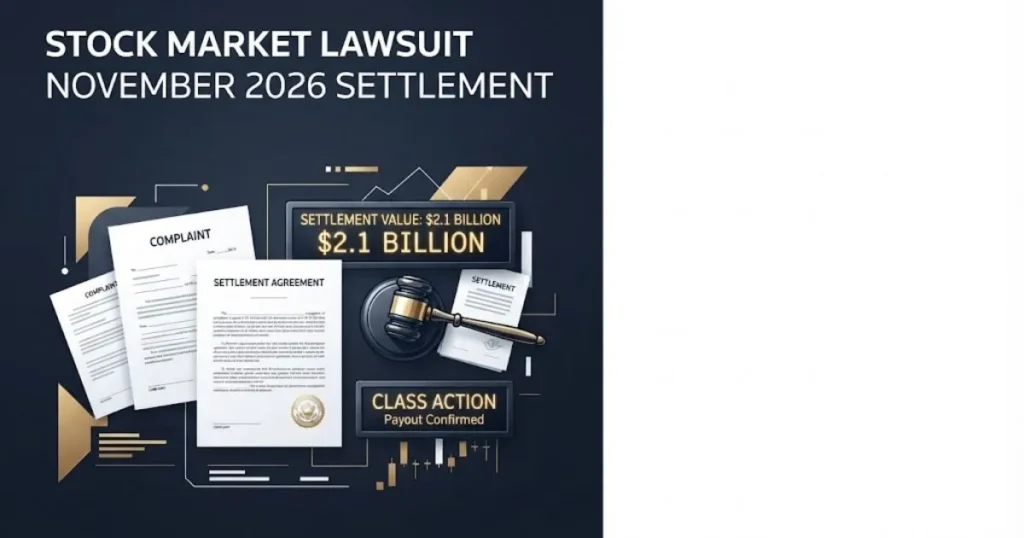 Stock market lawsuit November 2026 settlement graphic with legal documents and stock ticker on navy background