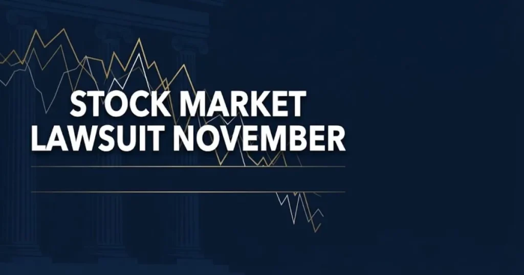 Stock market lawsuit November hero banner with financial chart graphics and courthouse silhouettes on navy background