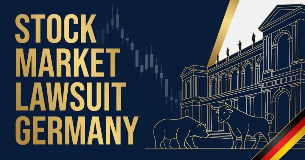 Stock market lawsuit germany 2026 hero banner with Frankfurt exchange silhouette and gold typography on navy.