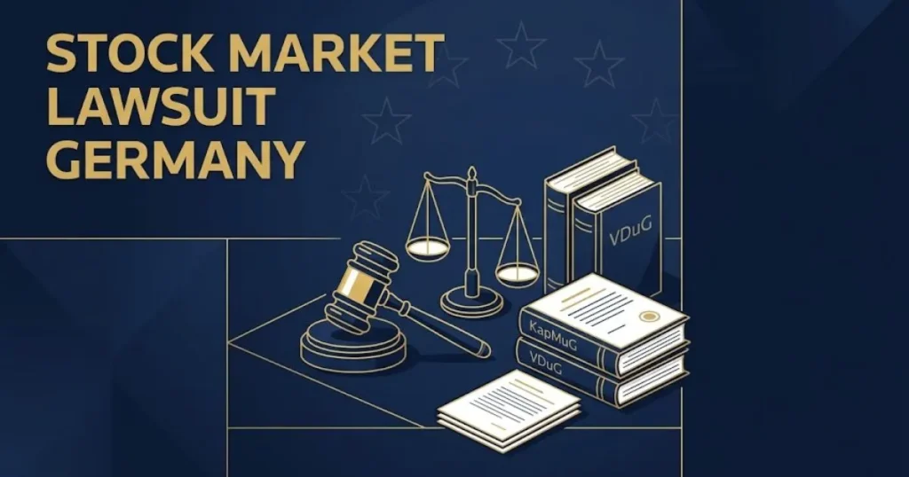 Stock market lawsuit germany courtroom graphic showing KapMuG and VDuG legal documents with gavel and scales.
