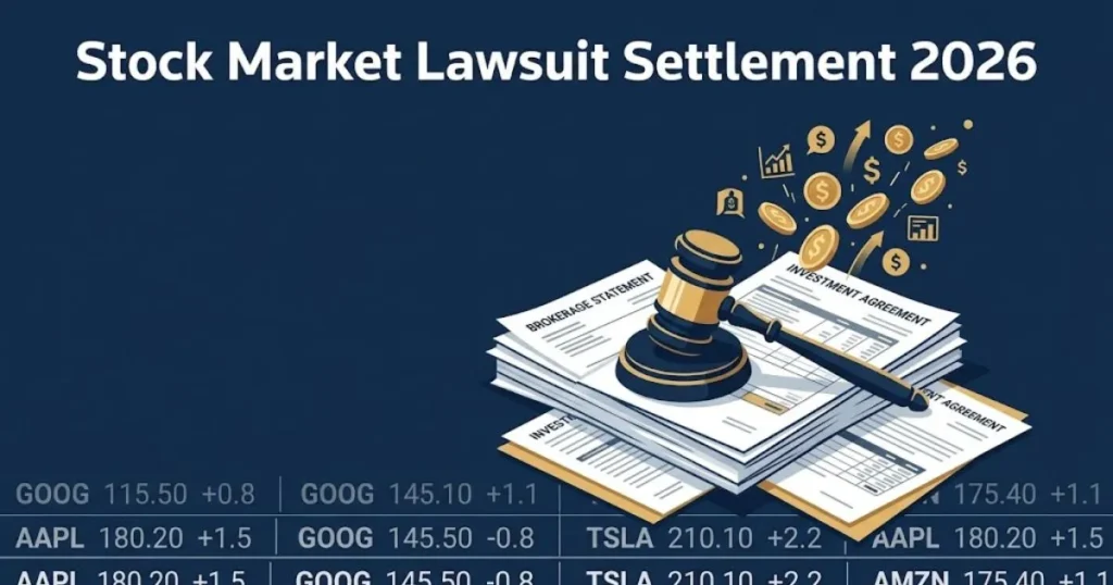 Stock market lawsuit settlement 2026 graphic with gavel on financial documents and gold accents