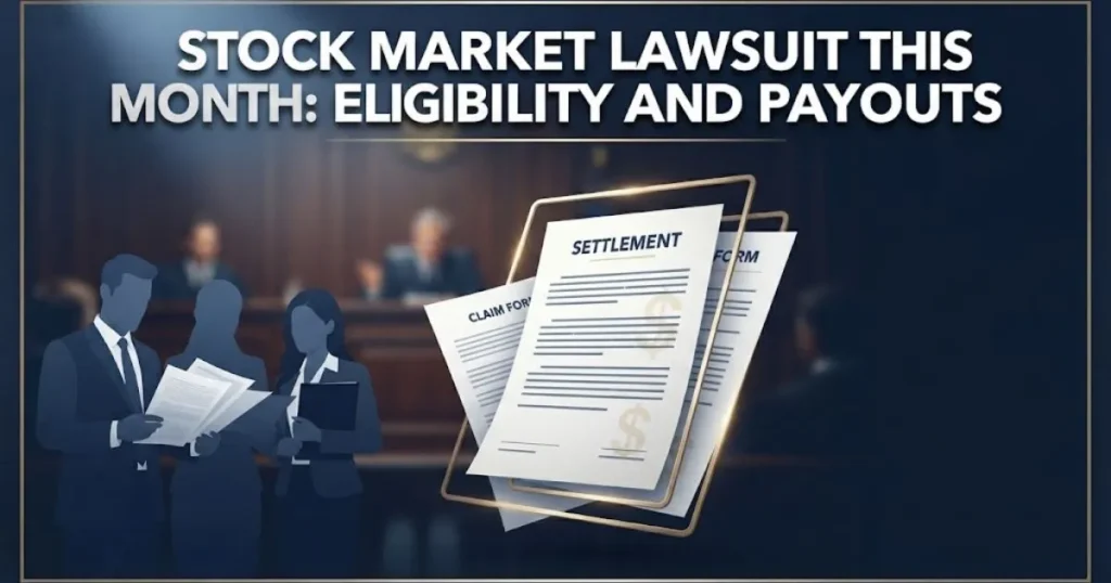 Stock market lawsuit this month eligibility and payouts graphic with settlement documents and courtroom theme