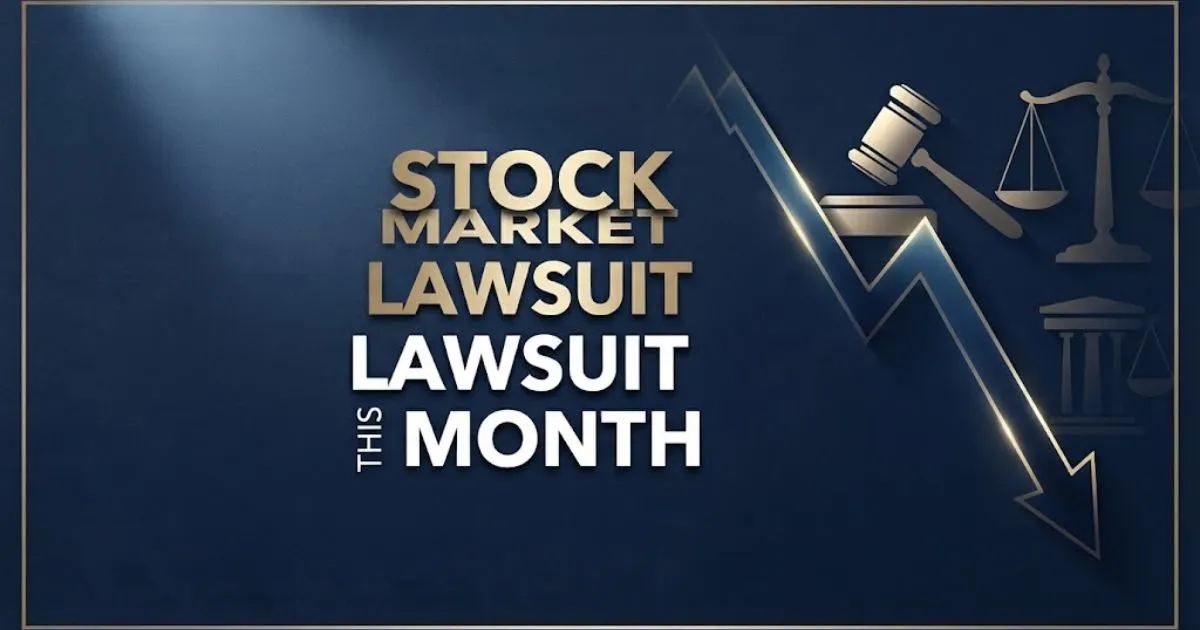 Stock market lawsuit this month hero banner with declining chart and legal symbols in navy and gold