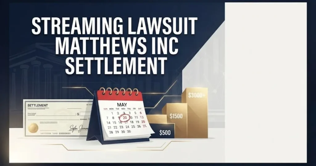 Streaming lawsuit Matthews Inc settlement graphic showing payout tiers and filing deadline calendar